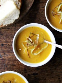 A bowl of Slow cooker butternut squash soup with apple and coconut milk.
