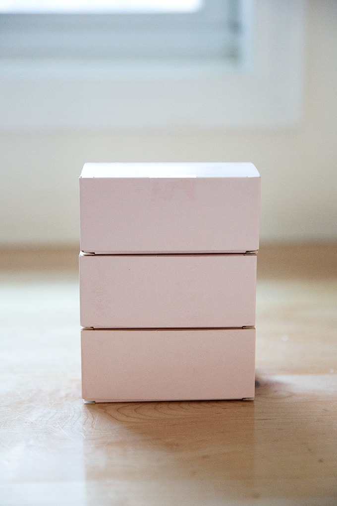 A stack of pink boxes.