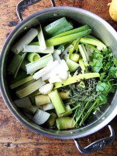 A pot of vegetables ready to be simmered into broth.