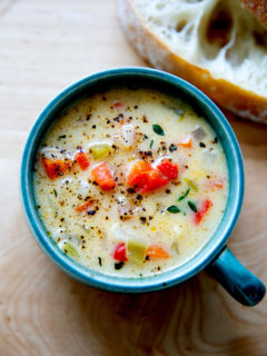 A cup of Vermont Cheddar Cheese soup.